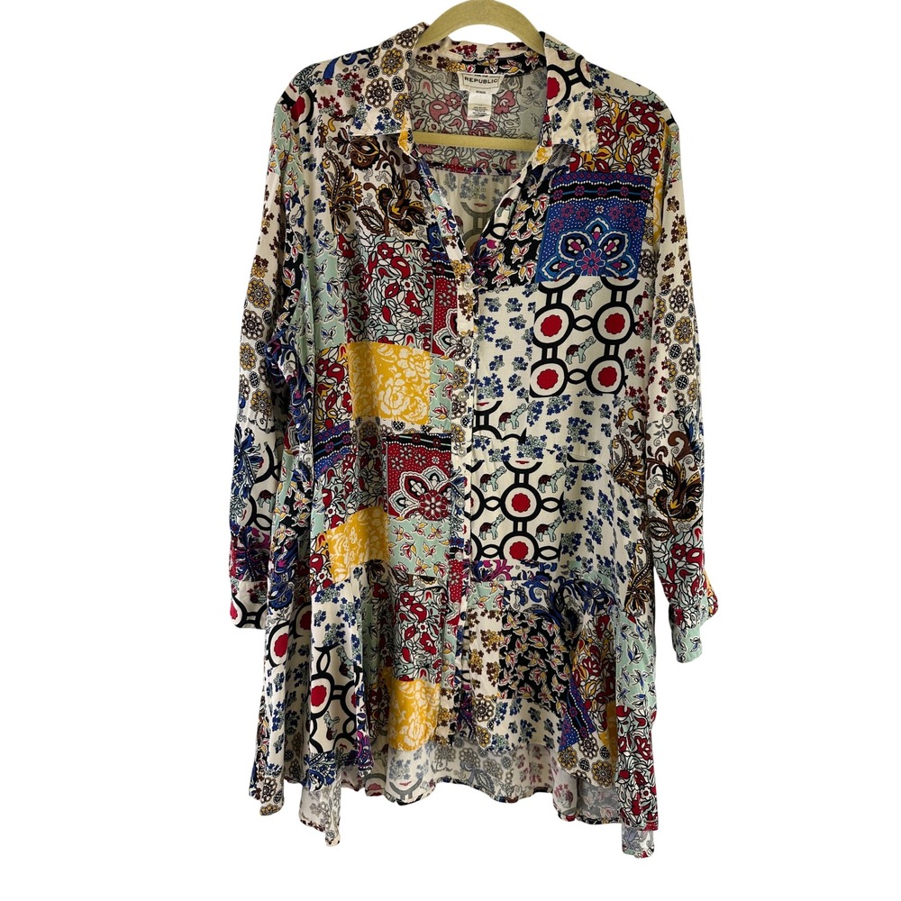 For the Republic Tunic Shirt Multicolor Patchwork Boho Rayon Button DownWomen 1X